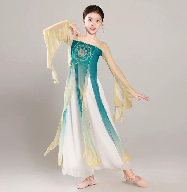 乐天商城 - 扇子ダンス衣装 古典ワンピース 子供ダンス衣装 ラッパ袖 ワンピース ガウチョパンツ レディース古典ダンス衣装 舞台ダンス衣装　ふんわり 普段着　舞台ダンス衣装　　ラテン/古典/バレエ/ヨガダンス衣装　社交ダンスウェア120-170