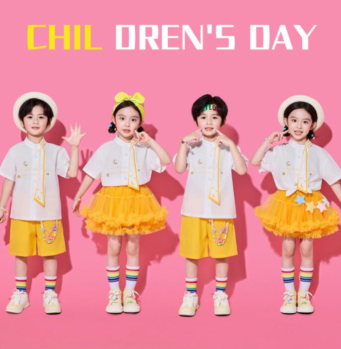 乐天商城 - 黄色ダンス衣装 子ども服 運動会 応援団 キッズ チアダンス衣装 子供 幼稚園 セット 半袖シャツ チュチュ ショートパンツ スカート ガールズ 余興 コス チア ジュニア ヒップホップ 卒業 合唱 発表会 ジャズ 女の子 男の子 ステージ衣装 ジュニア 演出服 HIPHOP