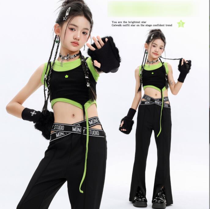 乐天商城 - 女の子ジャズダンス衣装ラ ッパパンツ 子供ジャズダンス衣装 袖なしトップス ヒップホップダンス衣装 舞台演出服 演出服ダンス衣装 jazz hiphop かっこいい ダンス衣装 学園祭 文化祭 舞台衣装 可愛いチアダンス衣装卒業式入学式イベント運動会110-180cm
