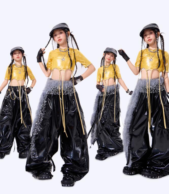 乐天商城 - 黄色トップス 半袖 フリル付き 女の子ジャズダンス衣装 臍出し 子供ジャズダンス衣装 ガーコパンツ ヒップホップダンス衣装 舞台演出服 演出服ダンス衣装 jazz hiphop かっこいい ダンス衣装 学園祭 文化祭 可愛いチアダンス衣装卒業式入学式イベント運動会110-180cm