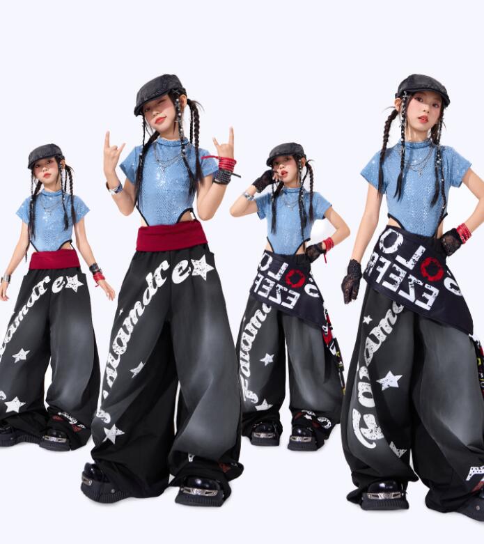 樂天商城 - 半袖 ブルートップス 女の子ジャズダンス衣装 子供ジャズダンス衣装 ガーコパンツ ヒップホップダンス衣装 舞台演出服 演出服ダンス衣装 jazz hiphop かっこいい ダンス衣装 学園祭 文化祭 可愛いチアダンス衣装卒業式入学式イベント運動会110-180cm