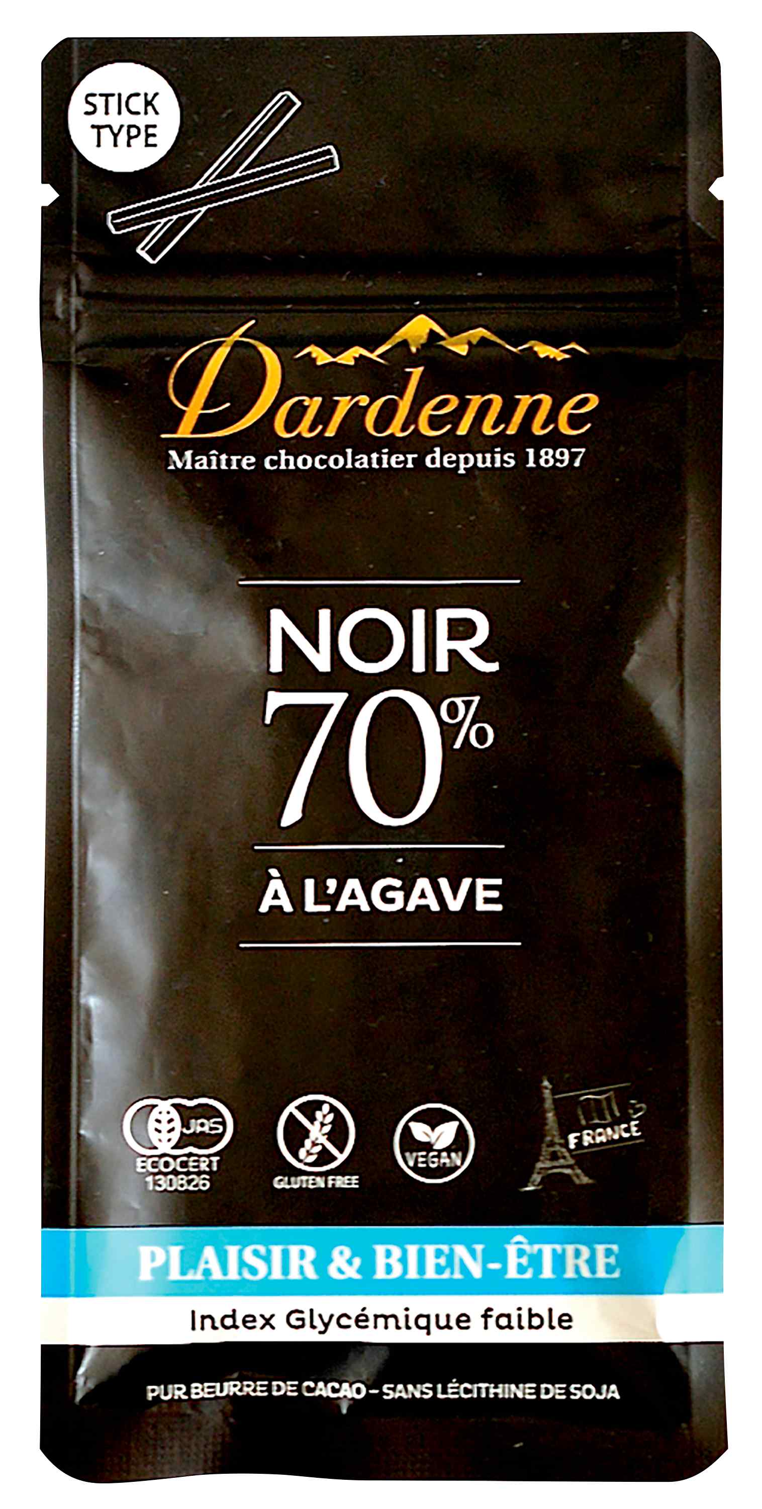 【3個セット】ダーデン有機チョコレートスティック カカオ70% 砂糖・乳化剤不使用 程よい甘み、滑らかな口当たり スティックタイプ ■有機カカオ70% ■甘味料に有機アガベシュガー使用 ■フェアトレード認証カカオ豆使用 ■便利なチャック付袋 ■11月～3月限定品 ※保存時の温度変化により、表面が白くなったり、白い斑点が浮いた状態になることがあります。食しても害はありません。 内容量：62g 【原材料】 有機カカオマス[有機カカオ豆(ペルー)]、有機アガベシュガー、有機ココアバター 【栄養成分表示】 1袋(48g)(当たり)／エネルギー 365.8kcal／たんぱく質 5.1g／脂質 27.9g／炭水化物 19.8g／食塩相当量 0g 【アレルゲン】 乳成分 【販売者名・輸入者名】 株式会社アルマテラ【3個セット】ダーデン有機チョコレートスティック カカオ70%