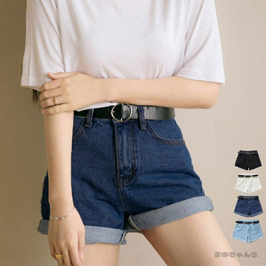 Rakuten - ベルト付きデニムショートパンツ春夏短パン