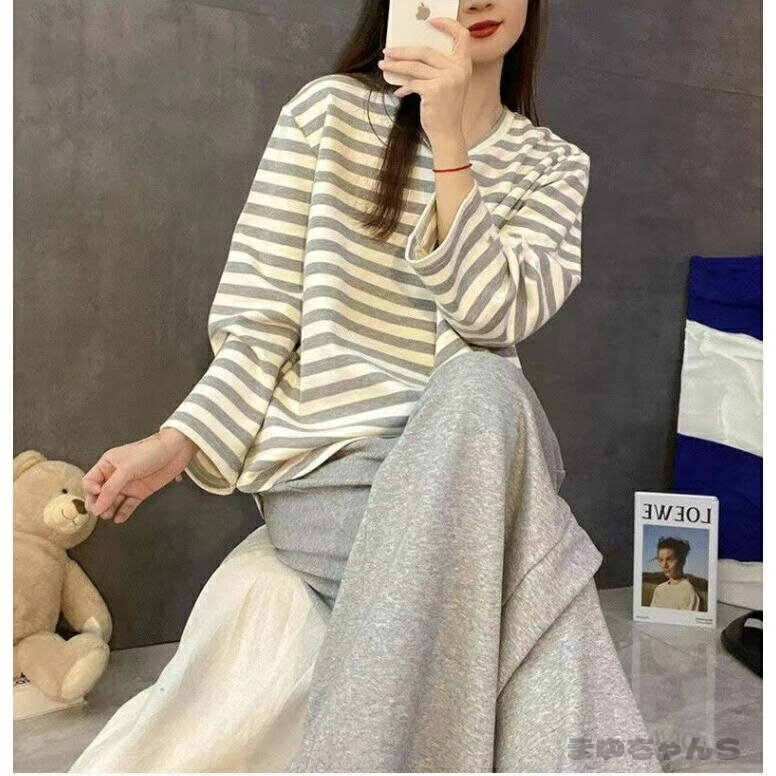 Rakuten - 新作ボーダー 長袖Tシャツ レディース ゆったり ス カジュアル 韓国ファッション 体型カバー 春秋コーデ シンプルデザイン