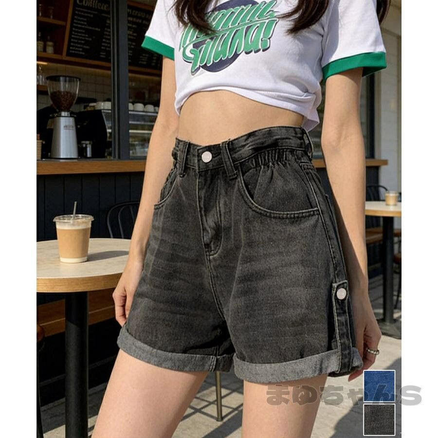 Rakuten - ロールアップ デニムショートパンツ 美脚