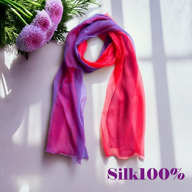 Silk - 新商品入荷！夏におすすめ♪【楊柳シフォンロングスカーフ】大判スカーフサイズ45cm×145cm/シルク100％/UV対策/冷房対策/玉虫色/日本製※玉虫色は光の角度によって色が変わって見えます。その為実際のカラーと若干異なる場合がございます。