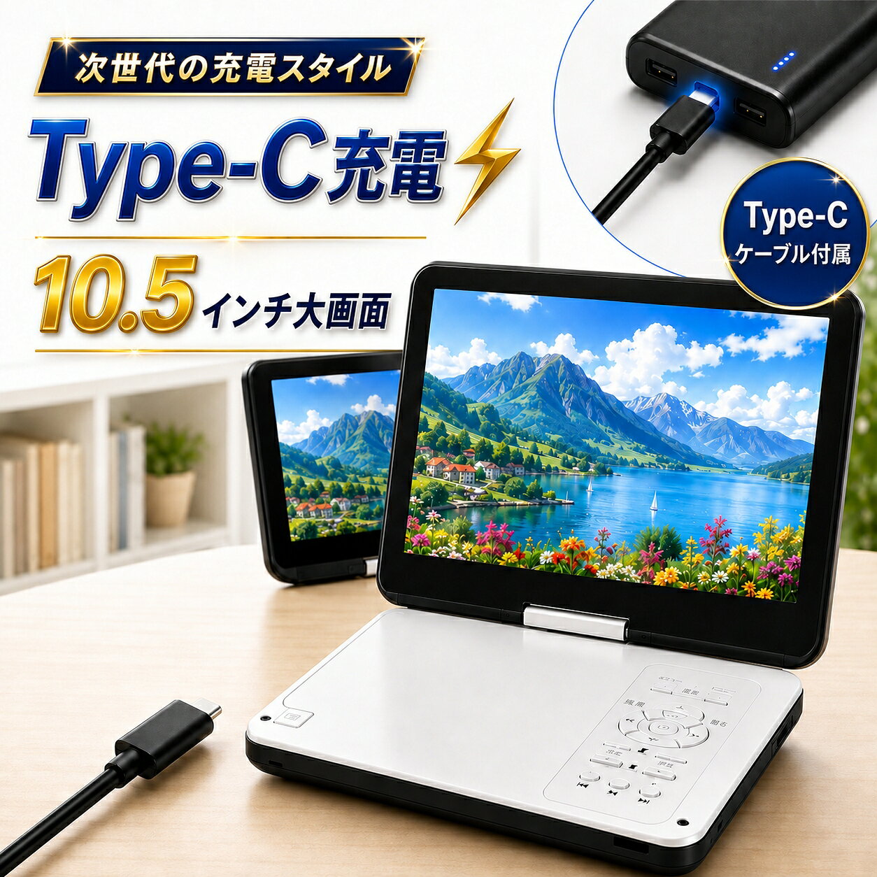 三大特典★9/14迄限定600円OFF★ ポータブルdvdプレーヤー 12.5型 【1年保証 type-c急速充電 目の保護モード搭載】10.5インチ液晶 cdプレーヤー 5時間連続再生 dvdプレイヤー 270°回転 CPRM対応 レジューム機能 SDカードUSBに対応 操作簡単 持ち運び 軽量 子供/お年寄り向け