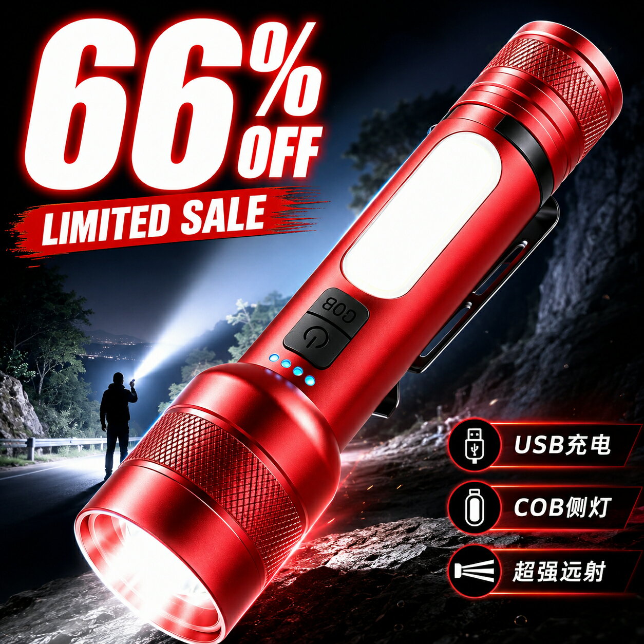 ★SS限定66％OFF★【25000ルーメン 超高輝度 LED 懐中電灯｜最大照射500m・152g超軽量｜バッテリー残量表示＋9モード調光｜COB作業灯（白・赤・青・赤青点滅）｜TYPE-C双方向充電＆モバイル電源可能｜3000mAh/18650電池 IP56防水防塵｜防災・登山・キャンプ・停電対策