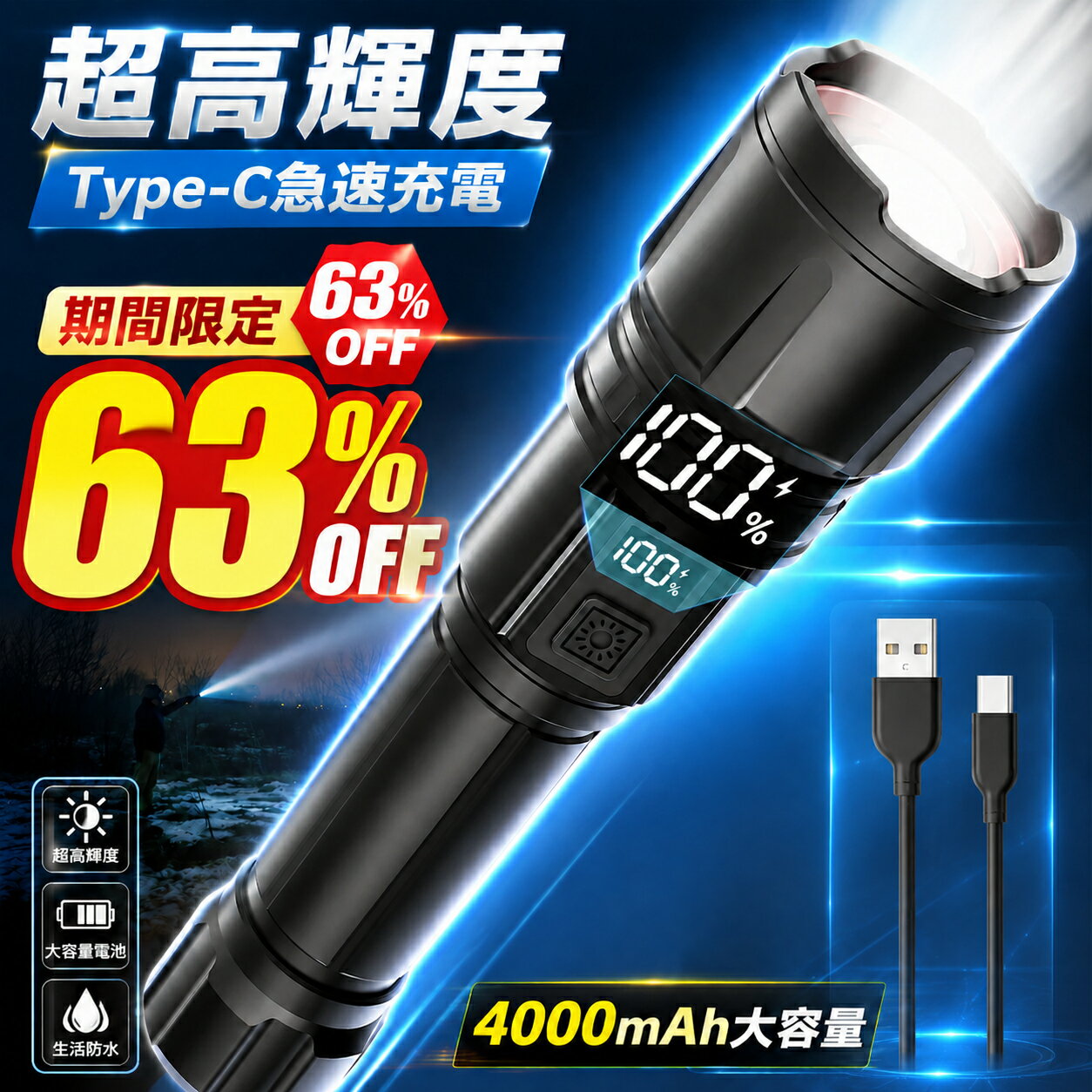★SS限定63％OFF★【懐中電灯 ledライト フラッシュライト超高輝度30000LM 4000mAhType-C 充電式/電池式 モバイルバッテリー ハンディライト 軍用 IPX6防水 4モード調光 ズーム式 耐衝撃 残量表示 自転車登山夜釣り 夜間訓練 作業用 緊急用避難対策