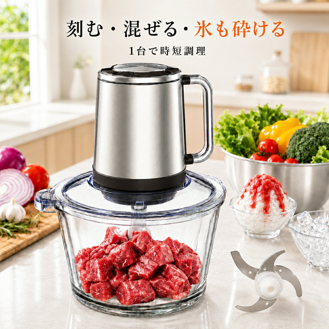 四大特典★7/19迄限定801円OFF★フードプロセッサー  みじん切り器 500Wハイパワー 氷も砕ける みじん切り 電動 フードミキサー スムージー フードチョッパー 2段階スピード 肉挽き/野菜切り/離乳食作り お手入れ簡単 母の日/お祝いのプレゼント