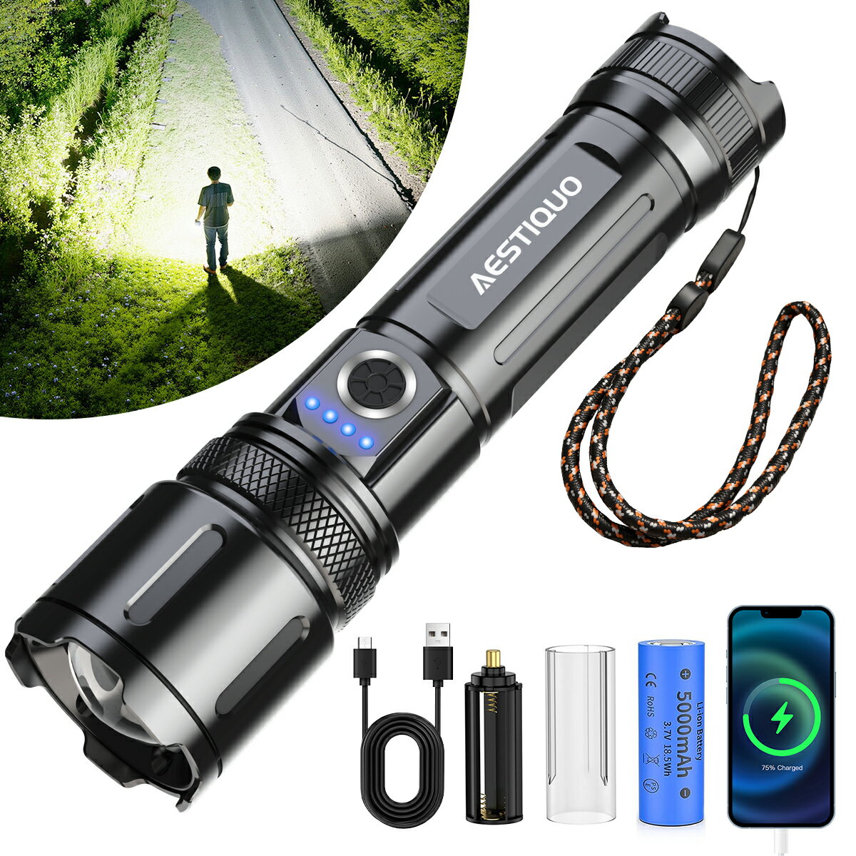 ★2/28迄限定600円OFF★懐中電灯 強力 軍用 最強 30000lm ハンディライト 5000mAh大容量 単4電池対応 USB充電式 IPX6防水 高輝度 フラッシュライト 5モード調光 ズーム式 アルミニウム合金 耐衝撃 新型 明るい 残量表示機能 自転車 登山 夜釣り 夜間訓練 作業