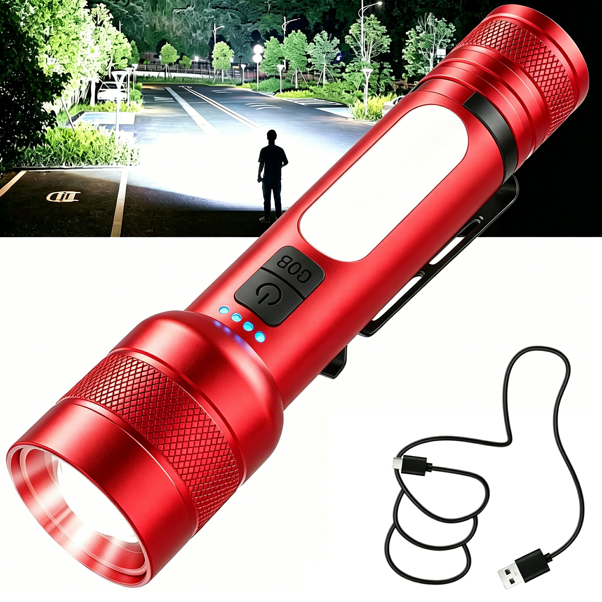 ★5/19迄限定200円OFF★25000ルーメン 超高輝度 LED 懐中電灯｜最大照射500m 152g超軽量｜バッテリー残量表示＋9モード調光｜COB作業灯（白 赤 青 赤青点滅）｜TYPE-C双方向充電＆モバイル電源可能｜3000mAh/18650電池 IP56防水防塵｜防災 登山 キャンプ 停電対策