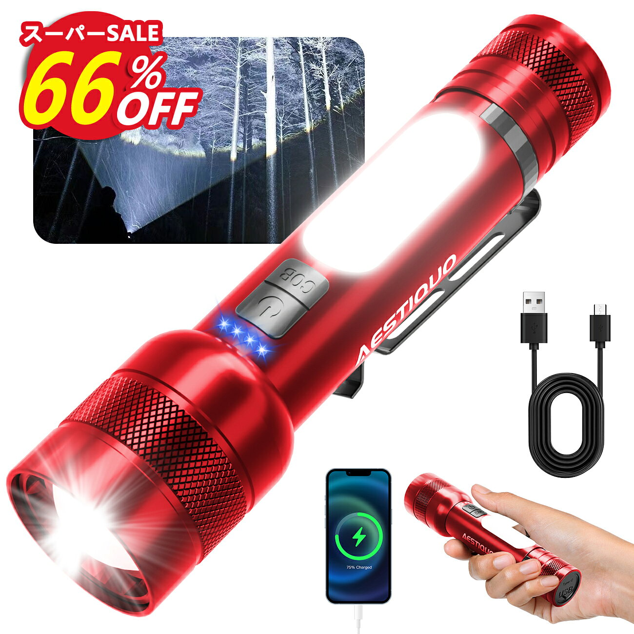 ★66%OFF！3/5迄SS値下げ⇒2022円★懐中電灯 15000ルーメン 3000mAh 強力 小型 COB作業灯付き 8モード調光 懐中電灯 led 軍用 大...