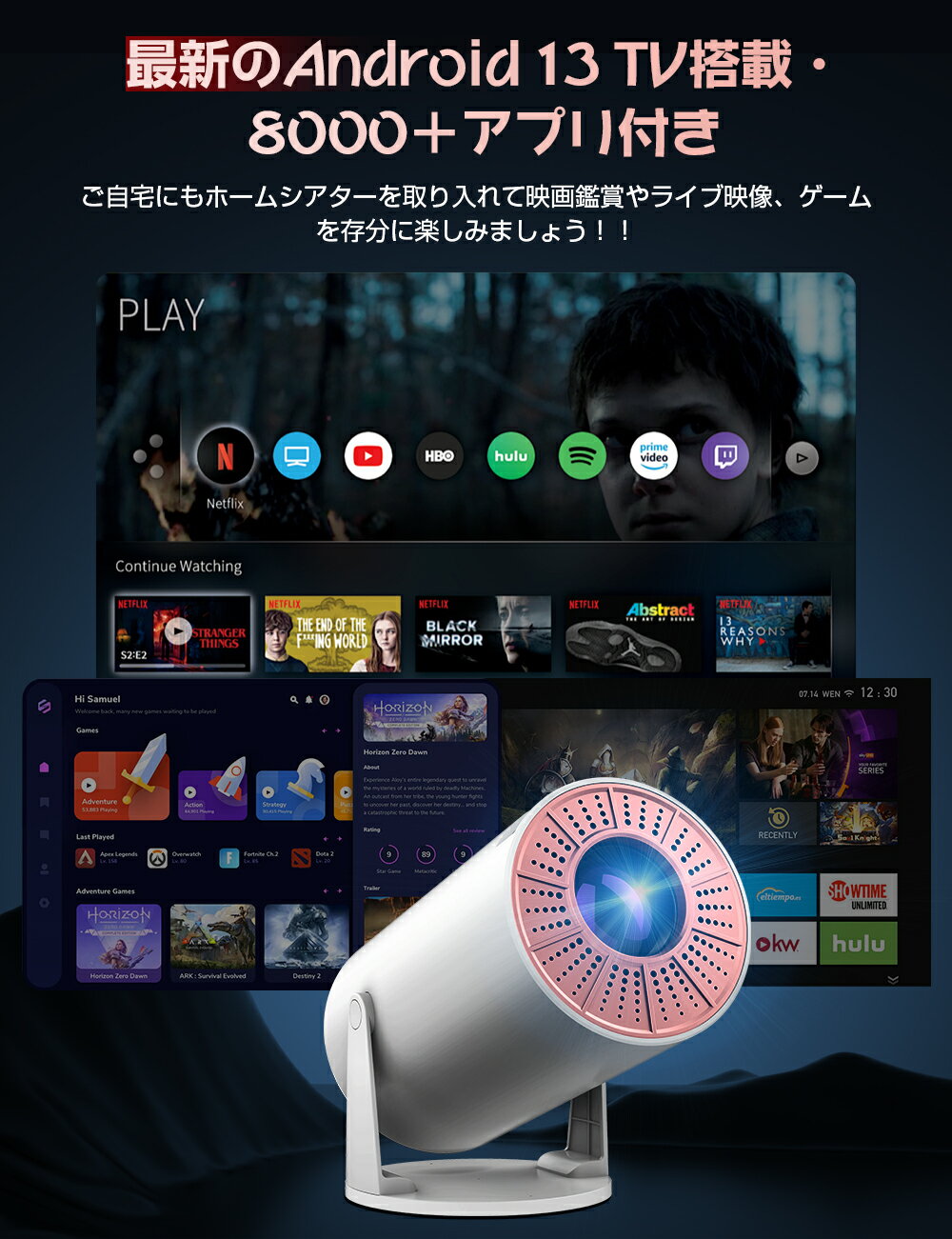 真弓ストアの★11/23迄限定510円OFF&5倍P★【最新Android TV 13.0搭載＆270°回転】プロジェクター 20000LM 天井投影 1080P WIFI6 自動台形補正 4K対応 Bluetooth5.3 小型 ホームプロジェクター 家庭用 スタンド一体型 内蔵HiFi 短距離投影 50%ズーム IOS/Android/PC/PS4/SWITCH対応｜アングル2