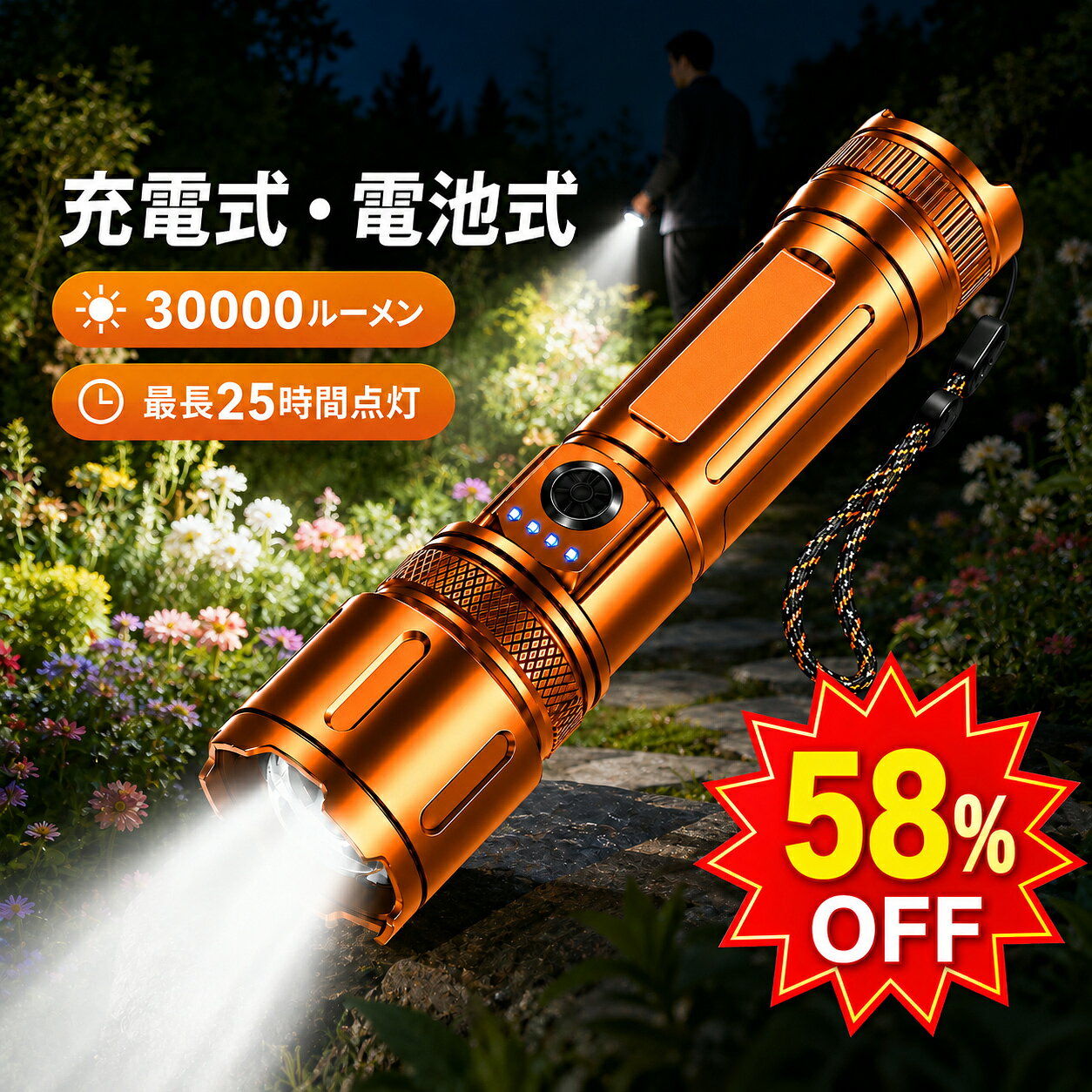 ★SS限定58％OFF★懐中電灯 強力 軍用 30000lm ハンディライト 5000mAh大容量 単4電池対応 USB充電式 IPX6防水 高輝度 フラッシュライト 5モード調光 ズーム式 アルミニウム合金 耐衝撃 新型 明るい 残量表示機能 自転車 登山 夜釣り 夜間訓練 作業