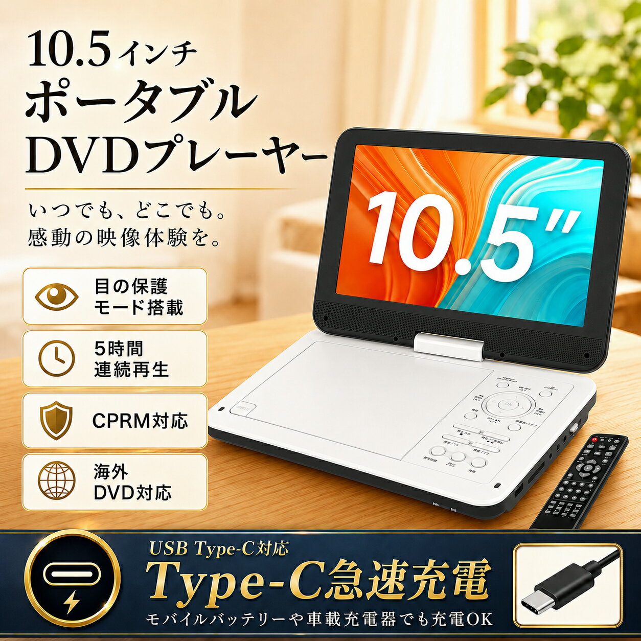 ★6/19限定400円OFF★ポータブルdvdプレーヤー 12.5型 【2年保証】【type-c急速充電 目の保護モード搭載】10.5インチ液晶 cdプレーヤー 5時間連続再生 dvdプレイヤー 270°回転 CPRM対応 レジューム機能 SDカード/USBに対応 操作簡単 持ち運び 軽量 子供/お年寄り向け 父の日