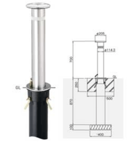 【帝金】バリカー上下式スタンダード KS-10 基本タイプ/取替用支柱 【特長】 ■ 金族音を低減する静音設計 ・早朝や夜間、クサリの出し入れの際、気になっていたあの金属音が静音設計によって静かになりました。 ・引き出し口、樹脂製引出し口にすることでクサリの引き出し時及び収納時の音を低減。 ・支柱内部、支柱内壁を樹脂パイプで覆うことで支柱内壁への接触による金属音を低減。 ・底部、樹脂製底板でクサリ収納時の金属音が低減。 ■ 基本仕様 【ネジを外すだけで支柱の取替えはカンタン】 ・基礎部分は鋳鉄製で車両衝突時にネジ山がつぶれず、支柱部の取替えが可能です。施工をやり直すことなく、長くお使いいただけます。 【高級鋳鉄製の頑強な外側ブッシュ】 ・基礎部分には耐久性に優れた高級鋳鉄を採用。埋設部上部は逆テーパ型で、本体の沈下も起こりません。 ・自動車等の衝突により、支柱を交換する必要がある場合も基礎はそのままご使用できます。また、支柱取替時にネジ穴がこわれた場合も鋳物ですので、再度ネジ穴を立てることが可能です。長くお使いいただくための帝金のこだわりです。 【埋込部をガッチリ支えるアンカープレート】 ・アンンカープレートが基礎コンクリートにガッチリくいこみます。 【地中でも支柱を守るポリエチレン管】 ・エイジングや腐蝕、地中の震動にも耐えます。 ■ スタンダードタイプ 【土砂の浸入を防ぎ、ショックをやわらげるキャップ＆ゴムパッキン】 ・ステンレス板に絞り加工を施したキャップ。収納時、隙間に土砂や雨水が大量に入り込むのを防ぎます。車で踏みつけら れた時のショックを吸収し、支柱の沈下も防ぎます。 ・土砂や雨水が侵入しても大丈夫なようにスペースを確保しています。底はあけてあるため、水は割栗石から地中へ吸収されていきます。 ■ 荷重(通行車両) ・T荷重：T-20 ・車種：大型貨物/大型バス/ダンプ ・総重量：20t ■ カラー ・カラーはヘアーラインのみです。 ■ サイズ ・サイズ：Ф114.3×t2.5 ・材質：支柱/ステンレス製 ・仕上：ヘアーライン ・重量：18.3kg ■ 取替用支柱 ・40mm南京錠付 ・取替用支柱価格は別途上記、記載あります。 ※取替えの際はキャップの寸法を測り、品番を特定して下さい。キャップのサイズで支柱径が分かります。 その他 ■ 当製品は、不良、当社手違い以外の返品は、お受けいたしかねます。 ■ ご不明な点は、お気軽にお尋ねください。 ■ 商品が鍵の場合、現在の錠に適合するか、十分ご確認のうえお買い求めください。 ■ 納期につきましては、ご注文確認後 改めてメールにてご連絡いたします。 ※ 状況により、やむを得ず納期が前後する場合があります。 【注意】 表示金額には選択項目の取替用支柱価格は自動反映されません。 ご注文後、金額修正を行います。請求金額確定後、メールにてご連絡致しますご了承下さい。　