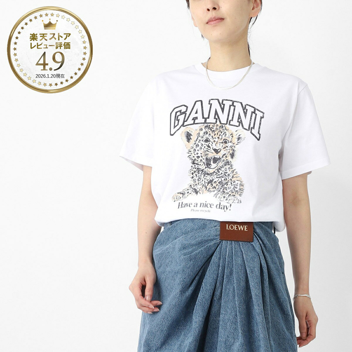 Rakuten - ガニー GANNI クルーネックTシャツ ホワイト レディース t4124 943 leopard BASIC JERSEY LEOPARD RELAXED T-SHIRT ロゴT レオパード【返品送料無料】[2026SS]