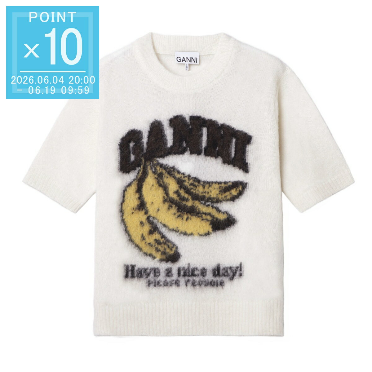Rakuten - 【6/5限定!当選確率1/2!MAX300%POINT BACK!※要エントリー】ガニー GANNI クルーネック半袖ニット ホワイト レディース a1070093 135 egret BRUSHED ALPACA GRAPHIC T-SHIRT 半袖ニット バナナ ロゴ アルパカ混【返品送料無料】[2026SS]