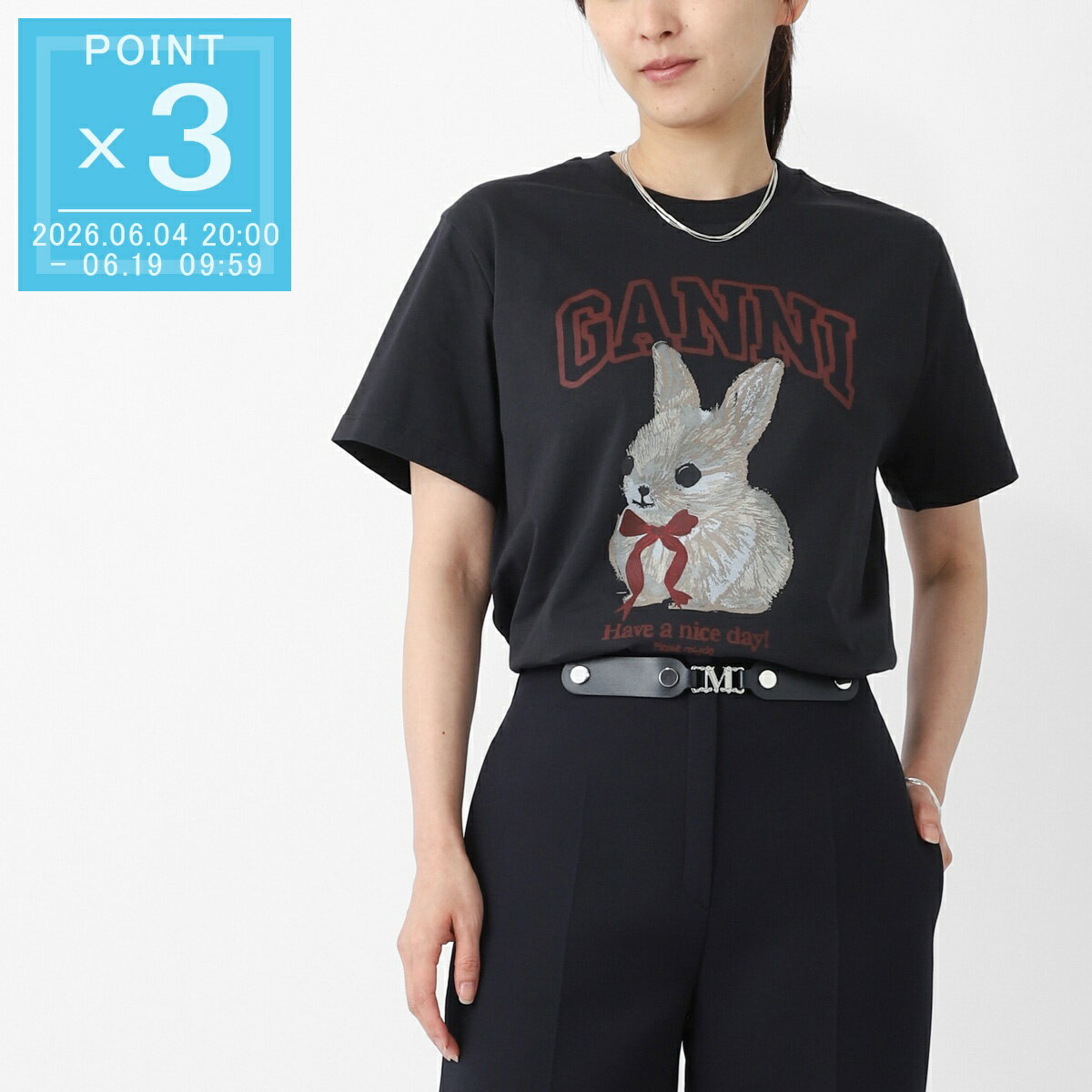 樂天商城 - ガニー GANNI クルーネックTシャツ ブラック レディース a1050061 252 phantom BASIC COTTON JERSEY T-SHIRT ロゴT バニーグラフィック【返品送料無料】[2026SS]