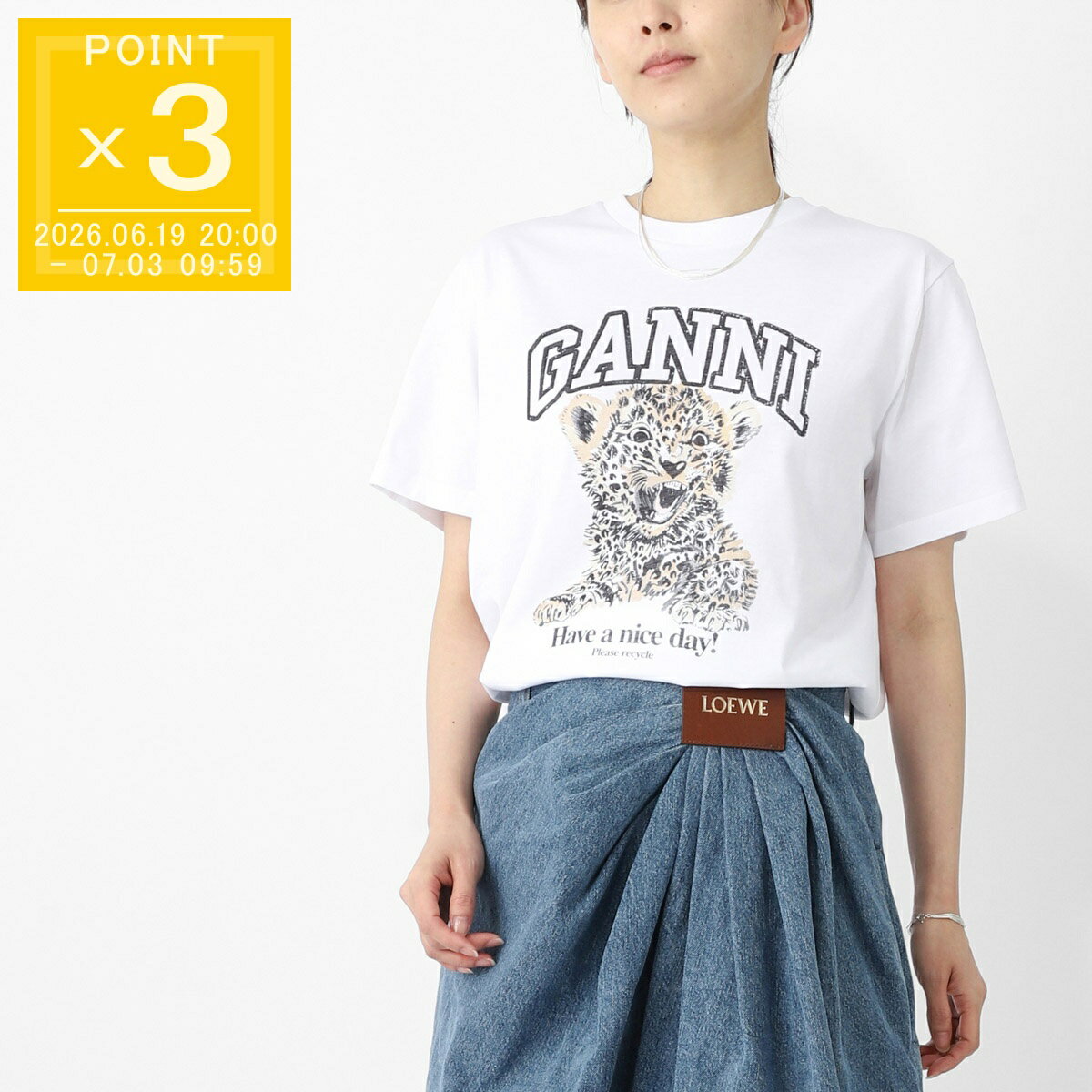 ガニー GANNI クルーネックTシャツ ホワイト レディース t4124 943 leopard BASIC JERSEY LEOPARD RELAXED T-SHIRT ロゴT レオパード