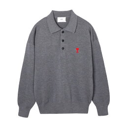 アミ AMI ALEXANDRE MATTIUSSI ニット 長袖ポロシャツ グレー hpl301 001 551 mediumheathergrey SMALL RED AMI DE COEUR KNITTED POLO【返品送料無料】