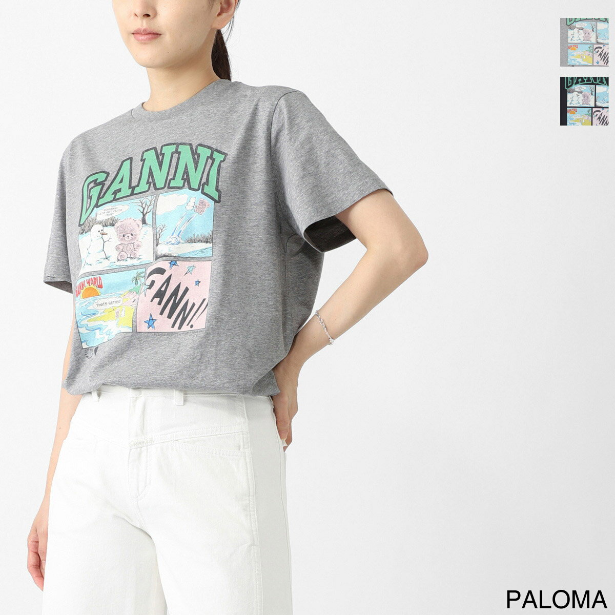 ガニー GANNI クルーネックTシャツ レディース a1050070 920 paloma BASIC COTTON JERSEY BEAR COMIC TEDDY ロゴT レオパード【返品送料無料】[2026SS]