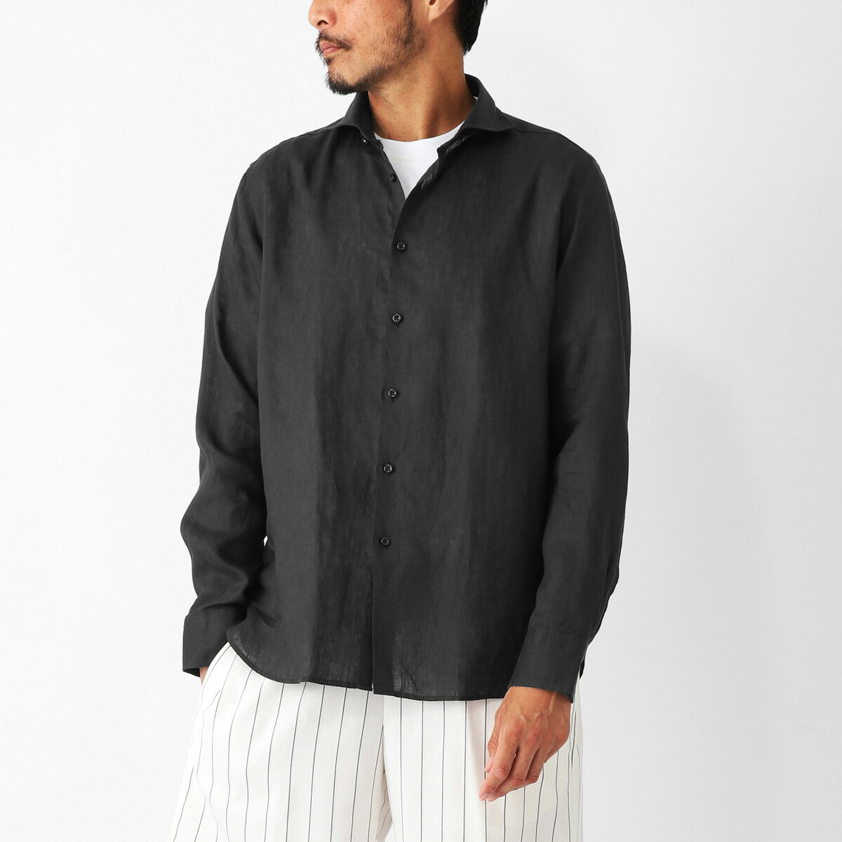 樂天商城 - ギローバー GUY ROVER リネンシャツ ホリゾンタルカラーシャツ ブラック メンズ WASH【返品送料無料】[2026SS]