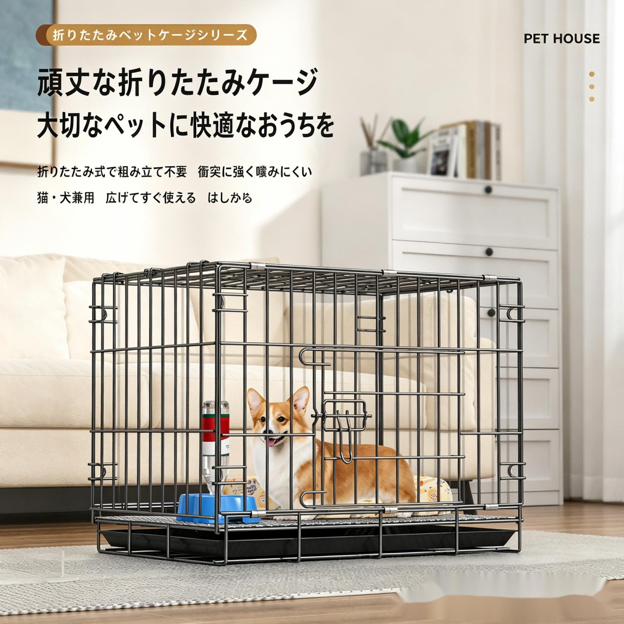 Rakuten - 【即納】折りたたみ式ペットケージ 頑丈太線ワイヤー 猫犬兼用 組立不要 引き出しトレー付き 小型犬用サークル
