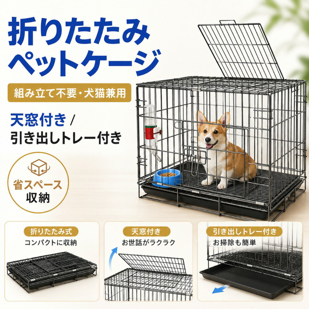 乐天商城 - 【即納】折りたたみ式ペットケージ 頑丈太線ワイヤー 猫犬兼用 組立不要 引き出しトレー付き 小型犬用サークル
