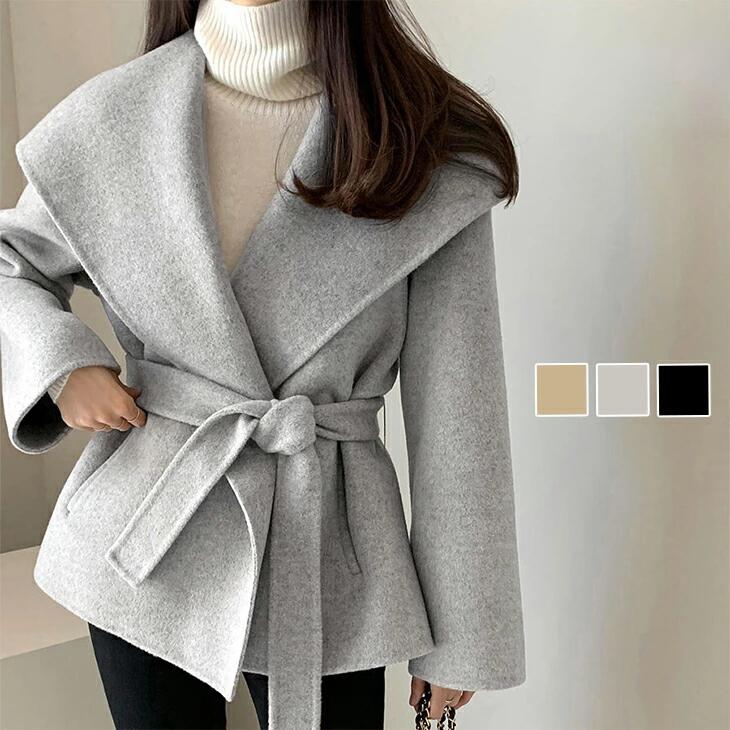 ワイドカラーウエストベルト付きコート レディース アウター チェスターコート ミドル ロング ウール調 ワイドカラー 秋 冬 20代 30代 40代 50代 ワンピスター