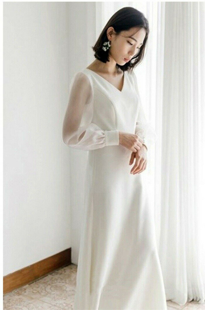 ウエディングドレス パーティードレス カジュアル ビーチフォト 前撮り 後撮り フォトウエディング 花嫁ドレス 長袖 シンプル ナチュラル 安い 撮影 海外挙式 披露宴 結婚式 演奏会 発表会 パッド付き 送料無料 3