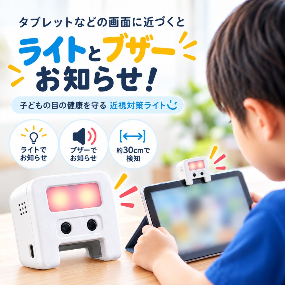 KING JIM｜キングジム 近視対策ライト めまもりん HR10-W パパ・ママの代わりに「離れて見てね」をお知らせ。 「めまもりん」は、画面に顔が近づくとライトとブザーでお知らせする近視対策ライトです。 顔と画面の距離が30cmより近づくと、LEDライトが点滅し、ブザー音でお知らせします。 タブレットやスマートフォン、ゲーム機などにクリップで取り付け可能。 スタンドを使えば、読書やドリルなどのデスク学習にも活用できます。 商品の特長 01｜顔が近づくと光と音でお知らせ 顔と画面が30cmより近づくと、LEDライトの点滅とブザー音でお知らせ。画面との距離を意識するきっかけをつくります。 02｜クリップで簡単取り付け 背面のクリップでタブレットやスマートフォン、ゲーム機などに取り付け可能。クリップ前面は画面を邪魔しにくいコンパクトな設計です。 03｜スタンド付きで卓上でも使える 本体に自立用スタンドを搭載。机の上に置けば、絵本や図鑑の鑑賞、ドリル、漢字練習などにも活用できます。 04｜ブザー音のON/OFF切り替え ブザー音はON/OFFの切り替えが可能。音を出したくないときは、ブザーを消してライトのみでお知らせできます。 05｜軽量・充電式で使いやすい 質量は約75g。リチウムイオンポリマーバッテリーを搭載し、連続使用時間は約22時間です。 商品仕様 メーカー 株式会社キングジム（KING JIM） 商品名 近視対策ライト めまもりん 外形寸法 約64(W)×36(D)×60(H)mm（クリップ含む） 質量 約75g 電源 リチウムイオンポリマーバッテリー 連続使用時間 約22時間※使用条件により変化します。 充電時間 約6時間 距離検知 赤外線測距センサー顔と画面が30cmより近づくとお知らせ お知らせ方法 LEDライトの点滅・ブザー音ブザーON/OFF切り替え可能 セット内容 HR10本体 充電ケーブル 30cm（USB Type-A／Type-C） 取扱説明書（保証書付） カラー展開 色名 品番 JANコード シロ HR10-W 4971660781713 ご使用上の注意 クリップ対応幅の厚みであっても、取り付け面が斜めになっているデバイスなどには取り付けられない場合があります。 ・本製品は精密機械です。取り扱いには十分ご注意ください。 ・直射日光の当たる場所や高温・多湿の場所での使用、保管はお避けください。 ・直射日光や強い光の影響により、センサーで正確に距離を測定できない場合があります。 ・赤外線センサーの感知範囲から外れると反応しません。 ・顔が30cm以上離れていても、センサーの前を手や筆記具などが横切ると、ライトやブザーが反応する場合があります。 ※商品の色は、撮影条件やお使いのモニター環境により、実物と異なって見える場合があります。 ※メーカーによる商品の見直しなどに伴い、仕様・デザイン・価格などが予告なく変更される場合があります。