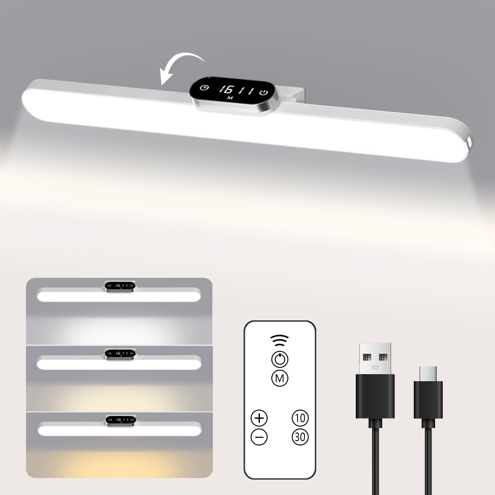 デスクライト LED 1600mAh 時間表示 バーライト 壁つけライト 磁石とリモコン付き Type-C充電式 3種類色温と無段階調光 80 度角度調節可能 電気スタンド タッチ式 タイミング機能 卓上 バーライト 読書灯 間接照明 勉強