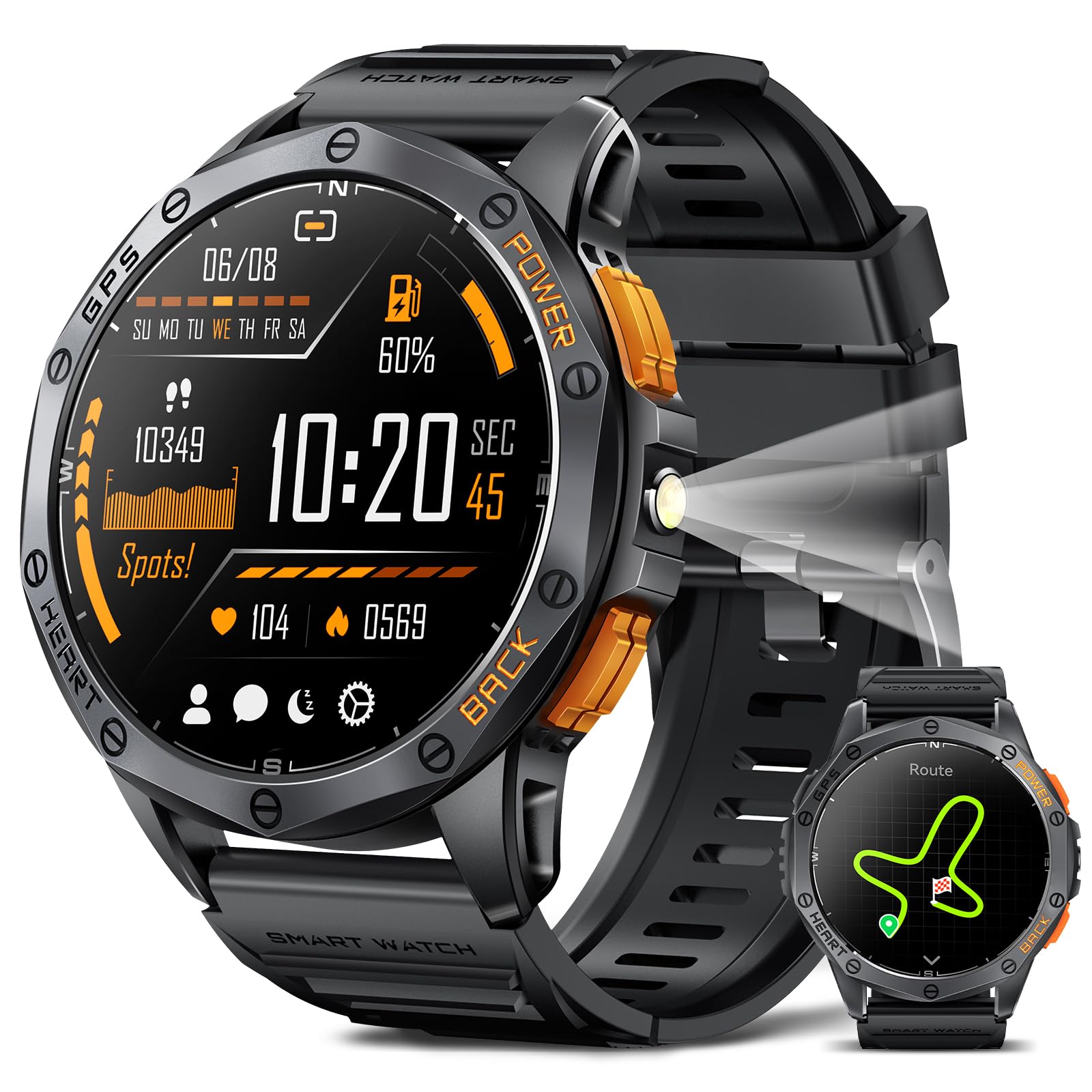 スマートウォッチ 【業界新登場 GPS内蔵 1.43インチAMOLED画面】軍用規格 活動量計 GPS運動軌跡記録 コ..