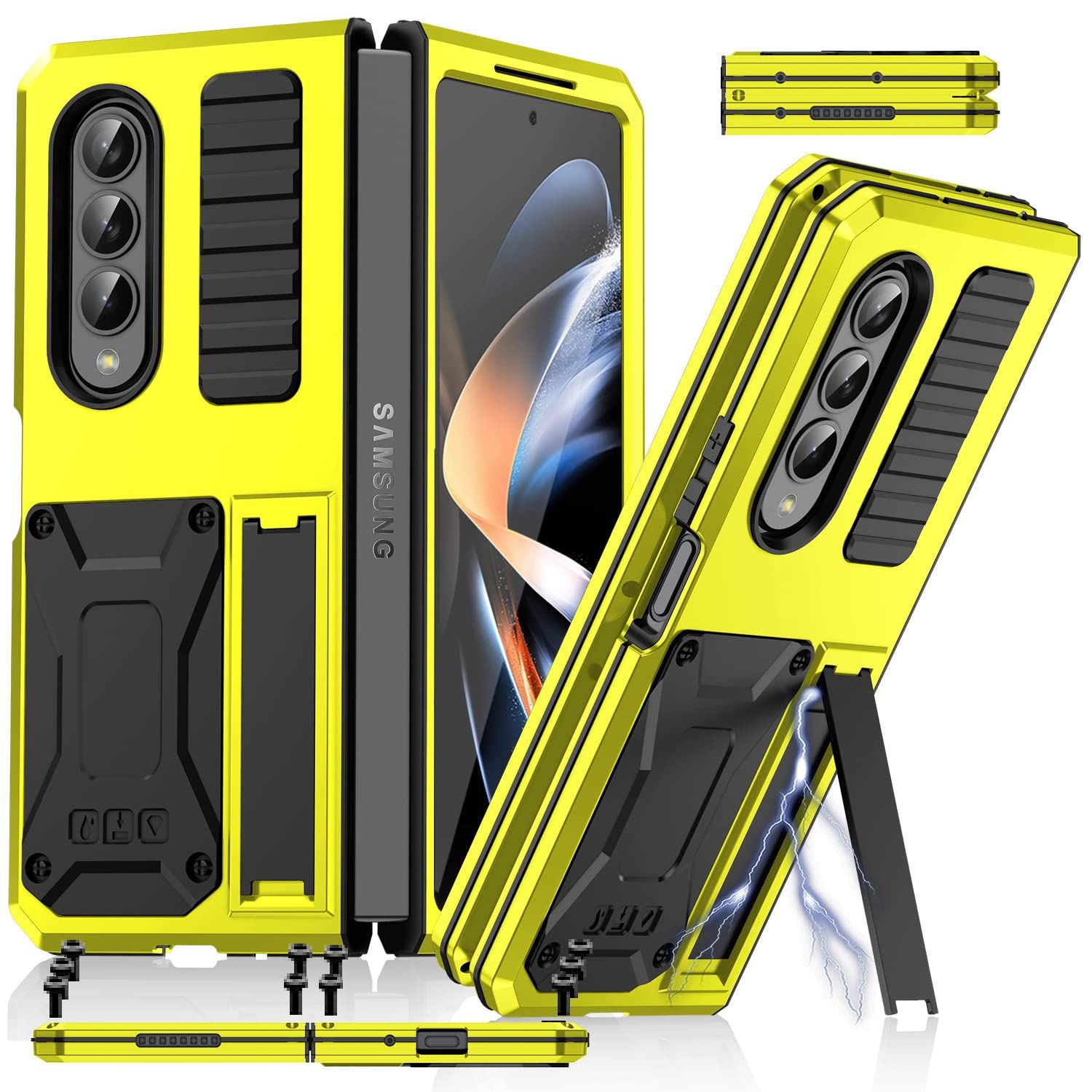 Galaxy Z Fold4カバーケース 耐衝撃 スタンド機能 三層構造（アルミ×シリコン×アルミ）折り畳み式 防塵 擦り傷防止 落下保護 衝撃吸収 スポーツ 重量型 Qi充電対応 ワイヤレス充電