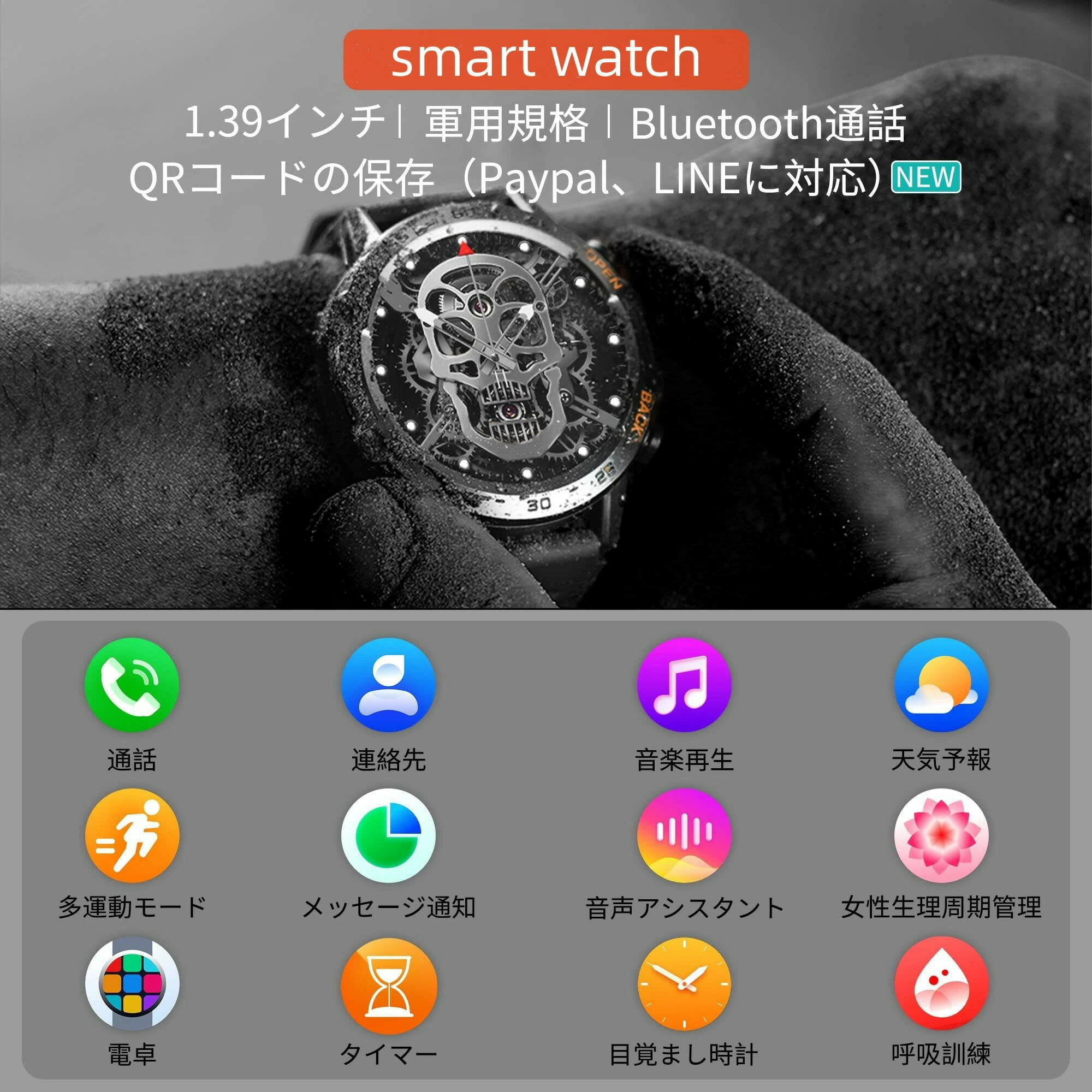 【新登場 Paypal入金コード&アプリID QRコード】ビジネススマートウォッチ 通話 1.39インチ smart watch音声アシスタント Bluetooth5.0活動量計 歩数計 スポーツウォッチ 多種類の運動モード 天気予報 iPhone