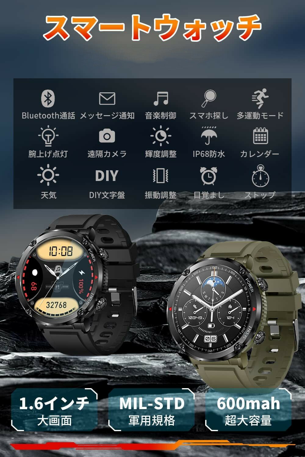 【翌日配達★即納】スマートウォッチ 1.6インチ大画面 24時間健康管理 軍用規格 Bluetooth通話機能付き 長い待機時間 腕時計 多種類運動モード スポーツウォッチ 着信/SMS/Twitter/Line/アプリ通知 多種類文字盤iphone