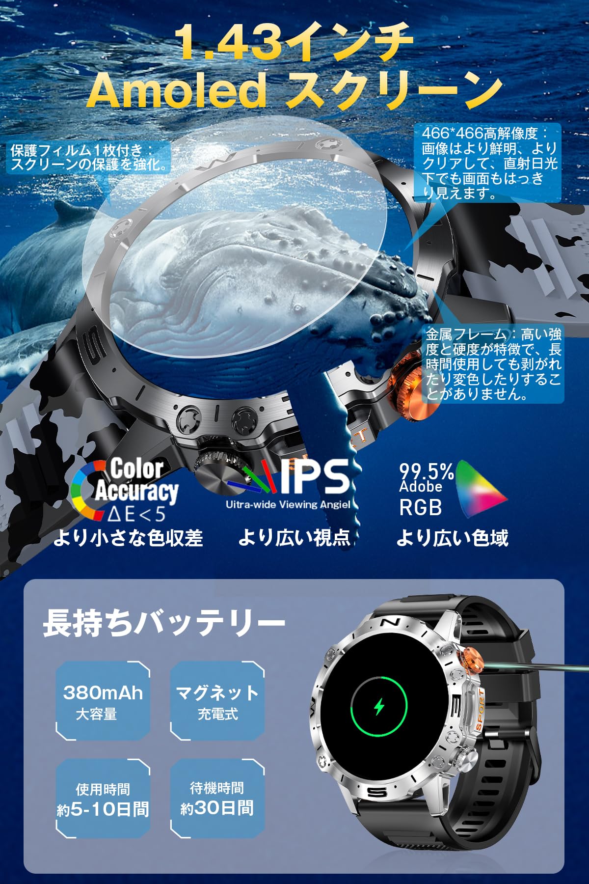 スマートウォッチ 【新登場 1.43インチAMOLED高精度大画面&軍用規格】Bluetooth5.2通話機能付き 耐衝撃 IP68防水防塵 メッセージ通知 音楽再生 音声アシスタント Smart watch 腕時計 380mAh長持ちバッテリー メンズ