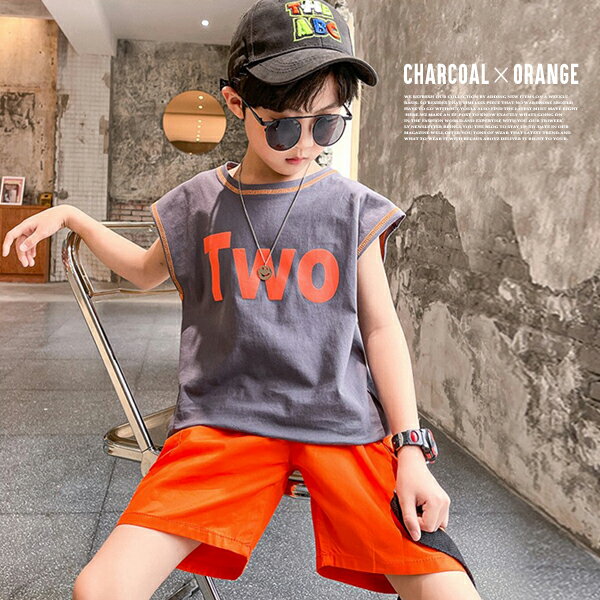 【送料無料】韓国子供服 キッズ セットアップ ナンバー ノースリーブTEE 上下セット ハーフパンツ カーゴパンツ ダンス衣装 派手 キッズダンス 子供服 袖なし 男の子 女の子 男 こども服 110cm 120cm 130cm 140cm 150cm 160cm