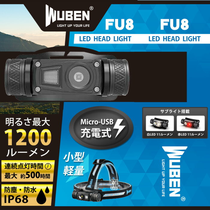 WUBEN LED 充電式 ヘッドライト　LED 防水 登山 明るさ最大1200ルーメン アウトドア キャンプ 停電 防災完全防水　明るい【PSE取得済】品番【FU8】