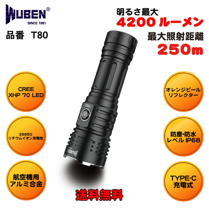 ★【P20倍】スーパーDEAL4/29 10:00~5/2 9:59★WUBEN フラッシュライト 専門店 T80 4200LM 充電式 防水 防塵 強力 最強 明るい ハンディライト 懐中電灯 LED アウトドア 登山 釣り 防災 防犯 ウーベン 【PSE認証済電池付き】