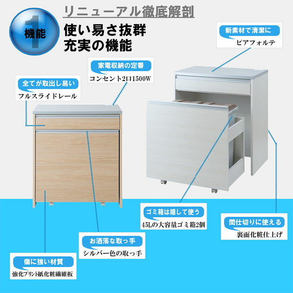 キッチンカウンターダストボックス2分別 【送料無料・完成品】【MOCA 幅80.5 カウンターダスト マリンナチュラル ir-0018】 幅80 奥行45 高さ87 2分別ごみ箱 引き出し収納付 [3]