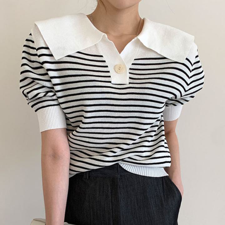 Rakuten - ストライプ半袖セーターTシャツ 2カラー b101