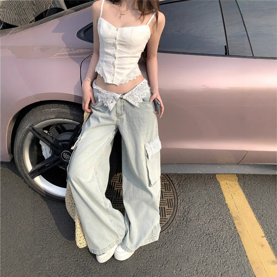 レースステッチワイドジーンズデニム...