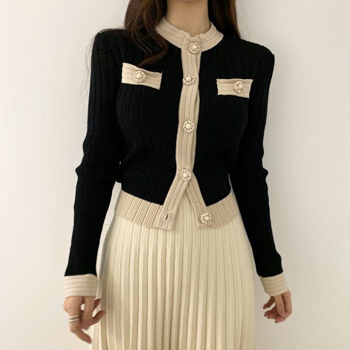 【セットアップ】パールボタンスリムニットセーター+ハイウエストニットスカート バイカラー ツーピース カーディガン プリーツスカート 韓国 a1489