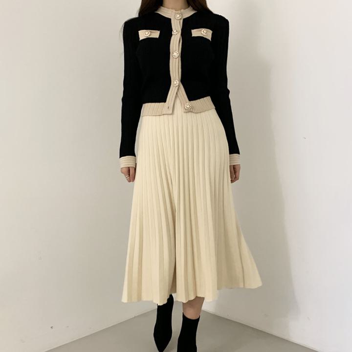 【セットアップ】パールボタンスリムニットセーター+ハイウエストニットスカート バイカラー ツーピース カーディガン プリーツスカート 韓国 a1489
