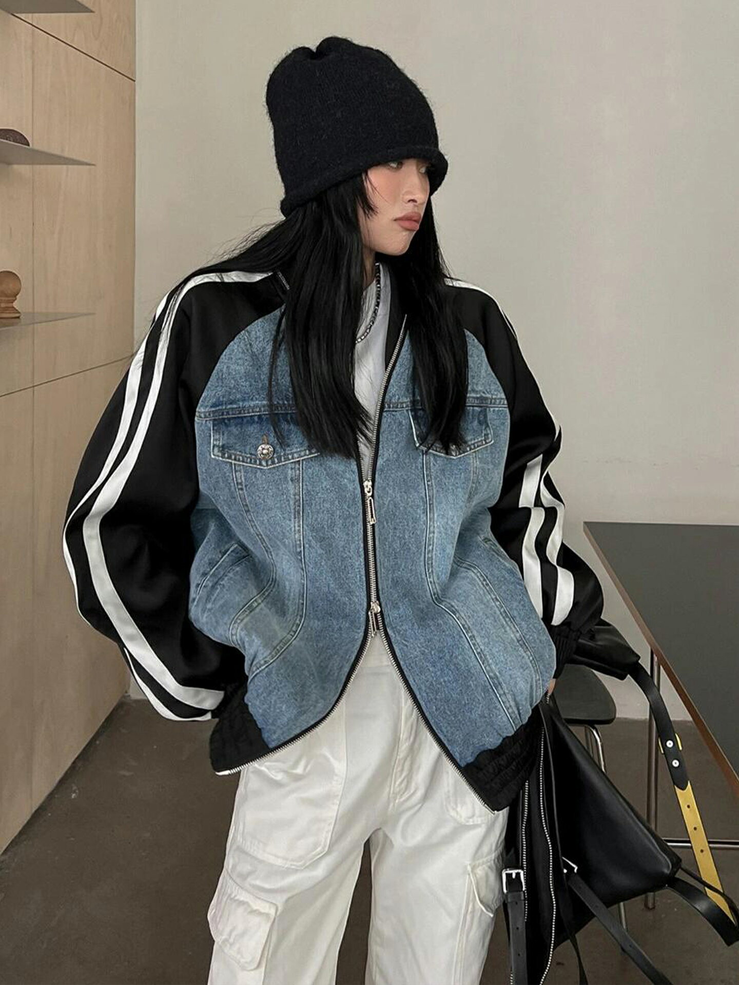 Rakuten - デニム×ジャージ ブルゾン 異素材MIXブルゾン デニムジャケット ブルゾン ジャケット ゆったり おしゃれ ユニセックス 春秋 アウター 長袖ジャケット レトロ ルーズ ノーカラー a3215