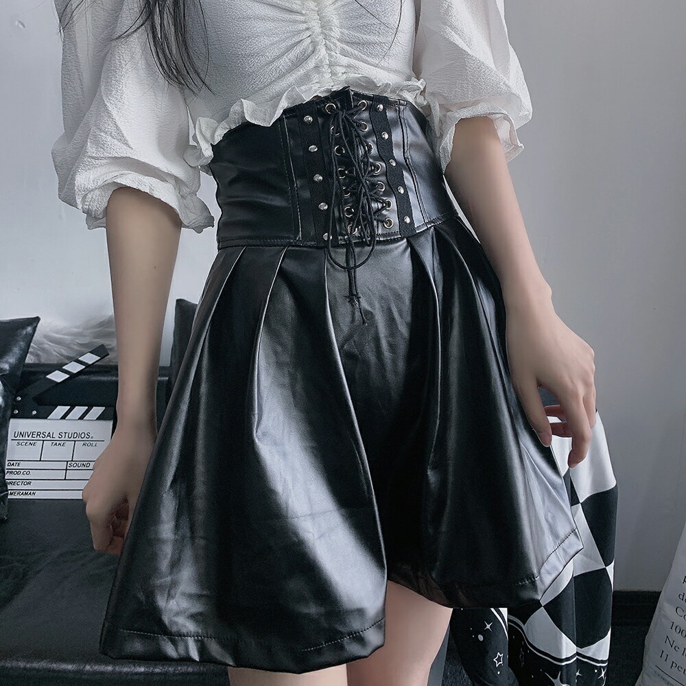 ☆Faux Leather High-Waisted Mini Skirt Gothic Skirt Lace-Up A1056
