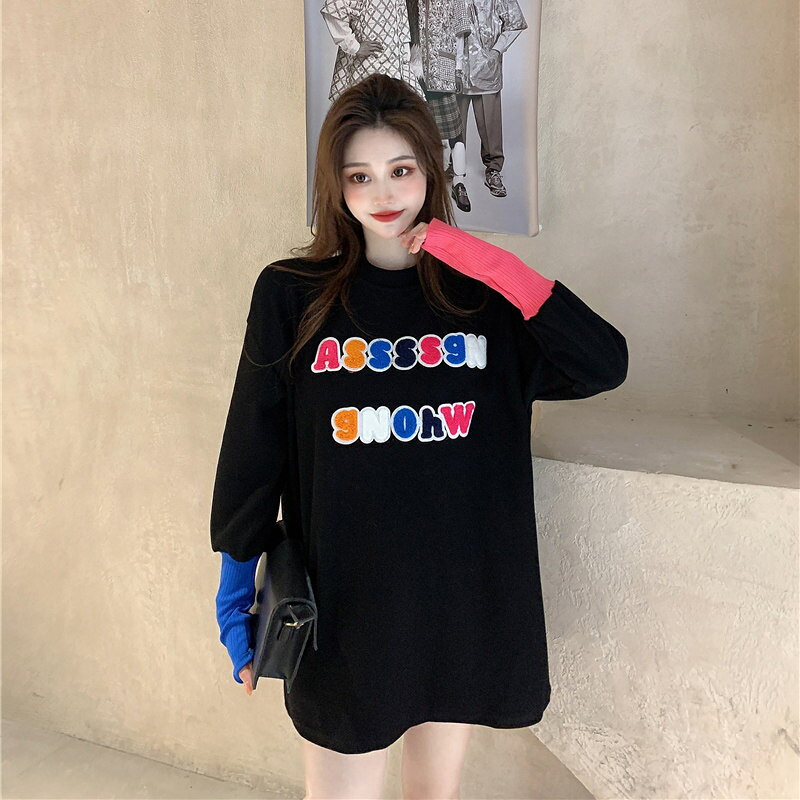 Rakuten - スリーブカラー 長袖 トップス 丸首 Tシャツ ゆったり. レディース オルチャン プルオーバー ラウンドネック C84